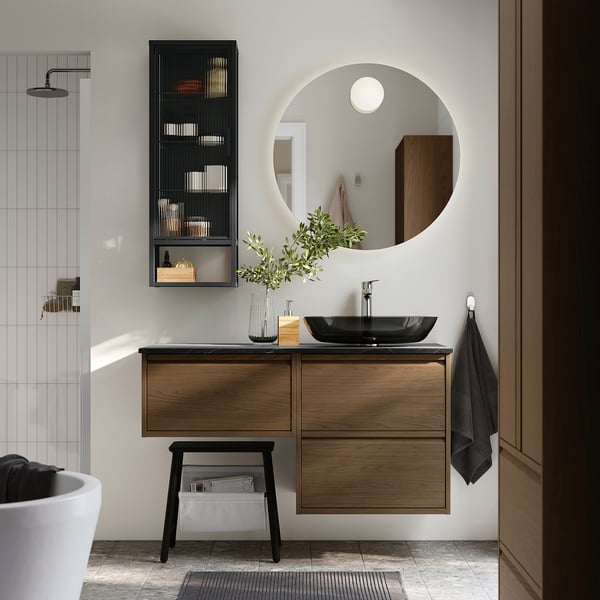 ÄNGSJÖN / OXMYREN wash-stand/wash-basin/tap, brown oak effect/black marble effect, 122x49x77 cm