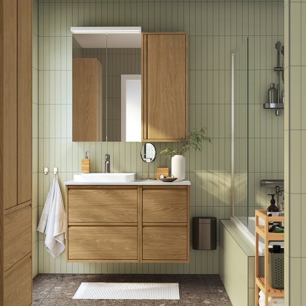 ÄNGSJÖN wall cabinet with door, oak effect, 40x15x95 cm