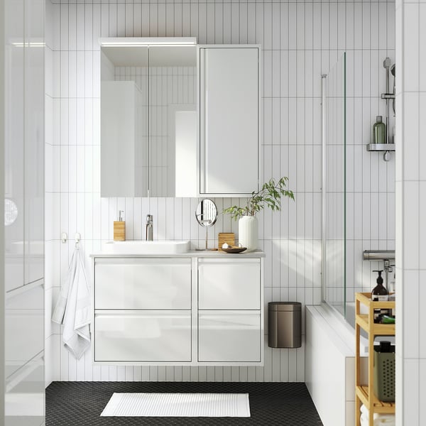 ÄNGSJÖN wall cabinet with door, high-gloss white, 40x15x95 cm