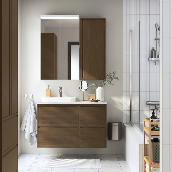 ÄNGSJÖN - Wall cabinet with door, brown oak effect, 40x15x95 cm