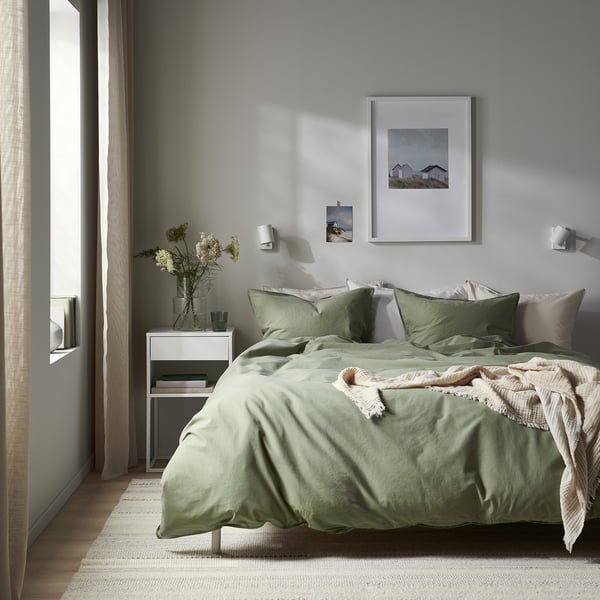 ÄNGSLILJA - Duvet cover and pillowcase, grey-green, 150x200/50x80 cm