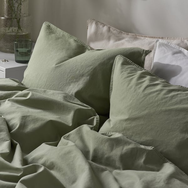 ÄNGSLILJA duvet cover and pillowcase, grey-green, 150x200/50x80 cm