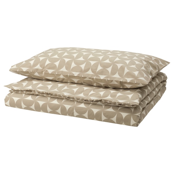 ÄNGSNEJLIKA - Duvet cover and pillowcase, grey-beige/off-white, 150x200/50x80 cm