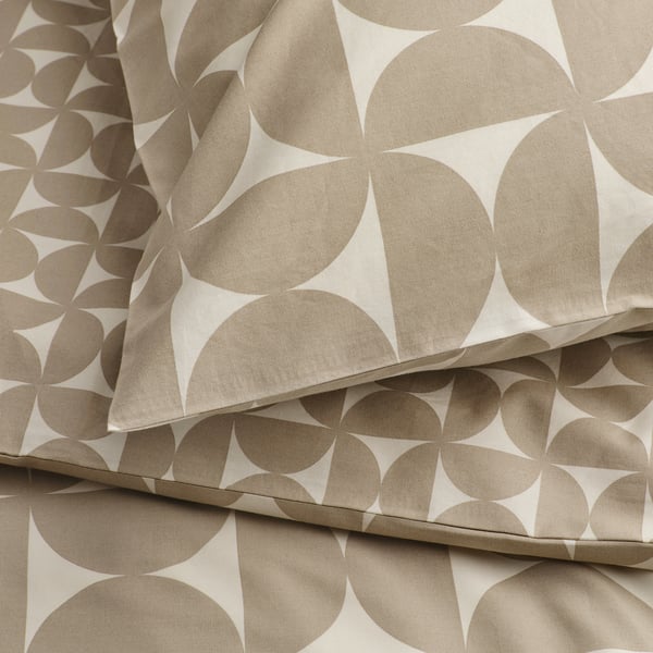 ÄNGSNEJLIKA duvet cover and pillowcase, grey-beige/off-white, 150x200/50x80 cm