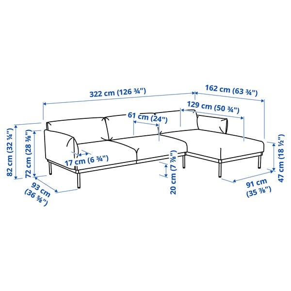 Ikea ÄPPLARYD - 4-seater sofa with chaise-longue, Gunnared black/grey