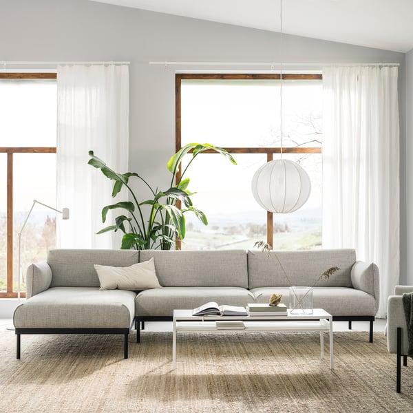 ÄPPLARYD 4-seat sofa with chaise longue, Lejde light grey, 322 cm