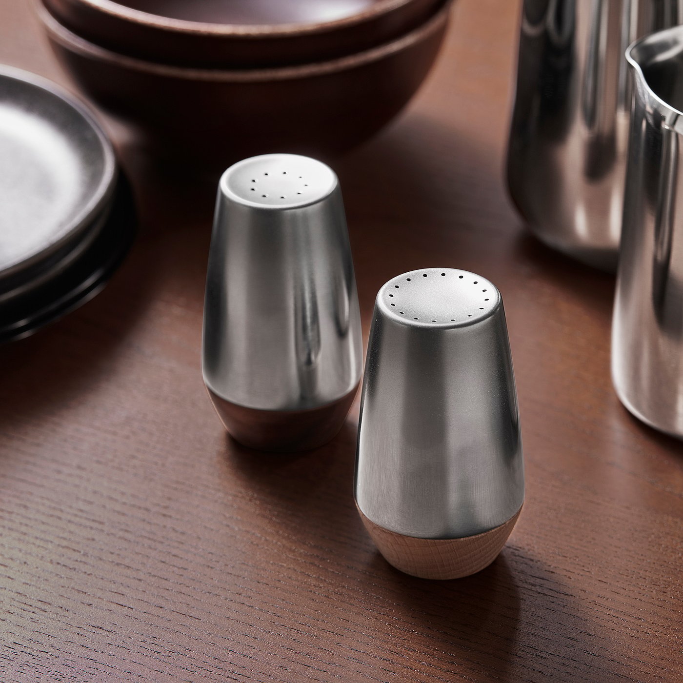 AFTONHAJ salt/pepper shaker, set of 2, stainless steel beech/walnut, 8.5 cm