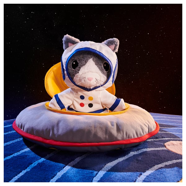 AFTONSPARV soft toy with astronaut suit, cat, 28 cm