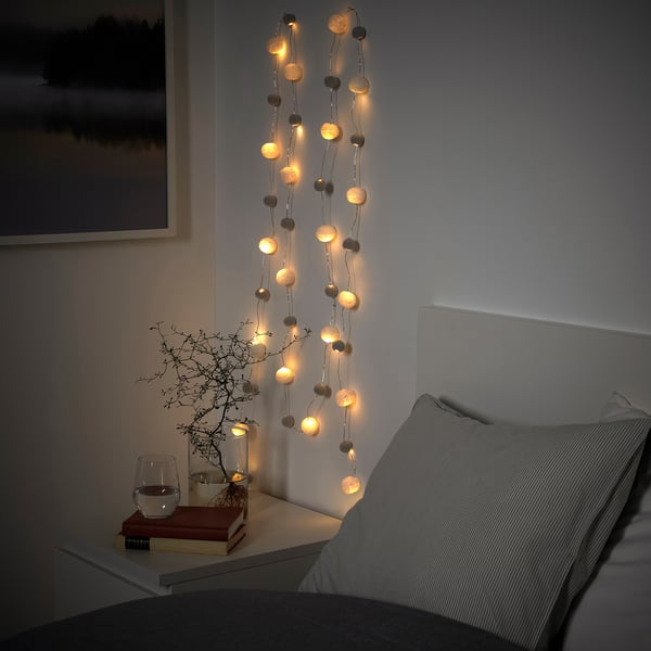 AKTERPORT - LED lighting chain with 40 lights, battery-operated mini/pompon white/grey