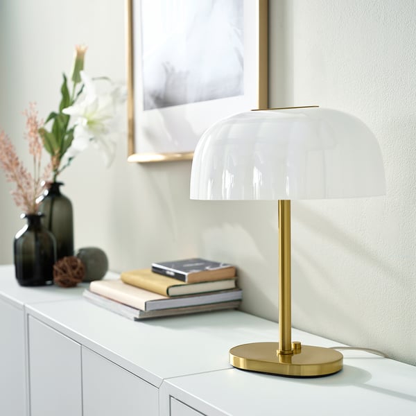 AKTERSPRING - Table lamp, white opaline glass/brass,39 cm