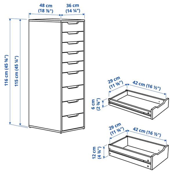 ALEX drawer unit with 9 drawers, white, 36x116 cm