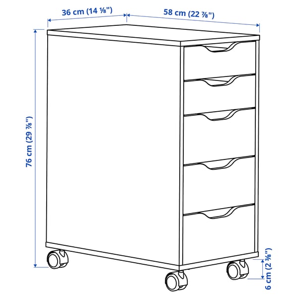 ALEX drawer unit on castors, white stained oak effect/black, 36x76 cm