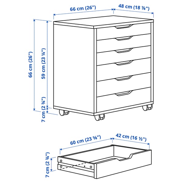 ALEX drawer unit on castors, white stained/oak effect, 67x66 cm
