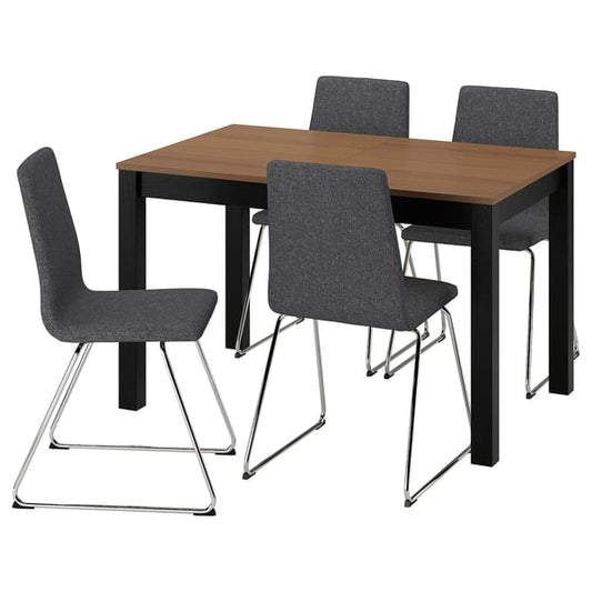 ÅLHULT / LILLÅNÄS table and 4 chairs, black/brown/Gunnared dark gray chrome, 120/170x80 cm