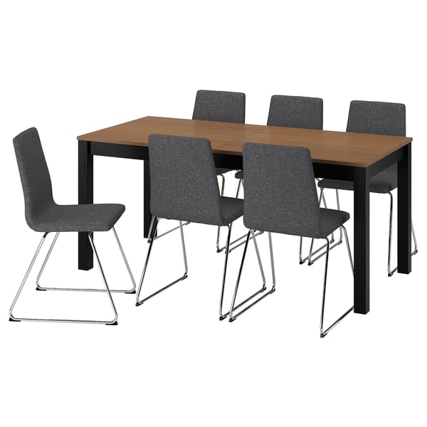 ÅLHULT / LILLÅNÄS table and 6 chairs, black/brown/Gunnared dark gray chrome, 170/220x80 cm