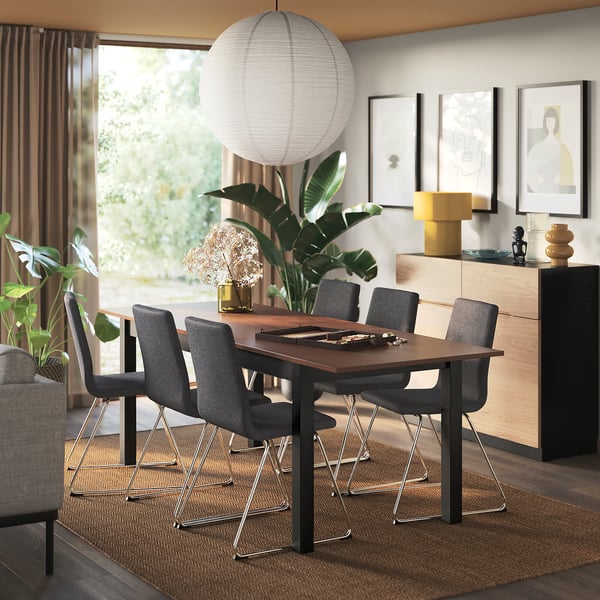 ÅLHULT / LILLÅNÄS table and 6 chairs, black/brown/Gunnared dark gray chrome, 170/220x80 cm