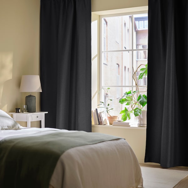 ANNAKAJSA room darkening curtains, 1 pair, anthracite/with heading tape, 145x300 cm