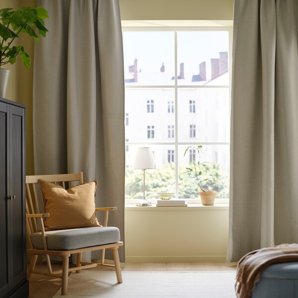 ANNAKAJSA room darkening curtains, 1 pair, light grey/with heading tape, 145x300 cm