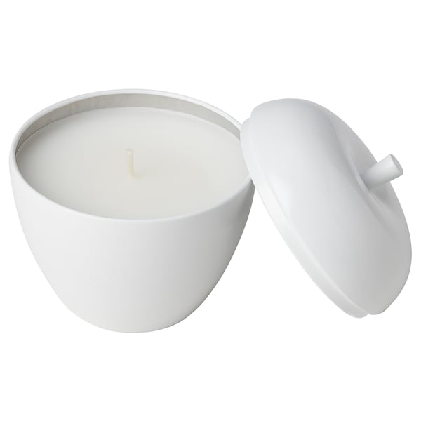 ANSPRÅKSLÖS scented candle in metal tin, apple/Apple and pear white, 9 cm