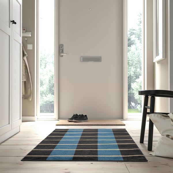 ARBETSZON carpet, short pile, gray blue/checkered, 80x150 cm