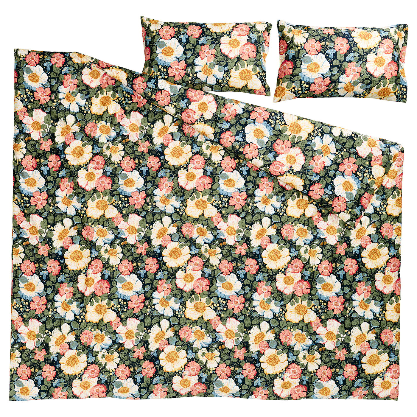 ARENBOK duvet cover and 2 pillowcases, dark blue/floral pattern, 240x220/50x80 cm