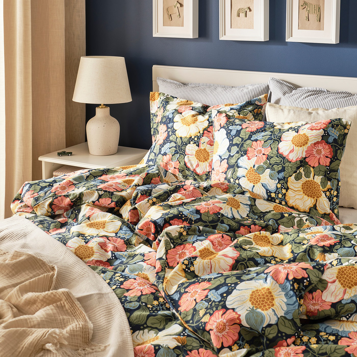 ARENBOK duvet cover and pillowcase, dark blue/floral pattern, 150x200/50x80 cm