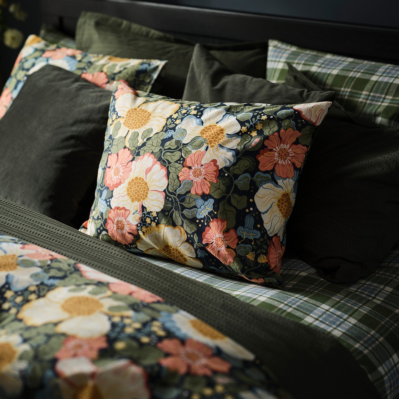 ARENBOK duvet cover and pillowcase, dark blue/floral pattern, 150x200/50x80 cm