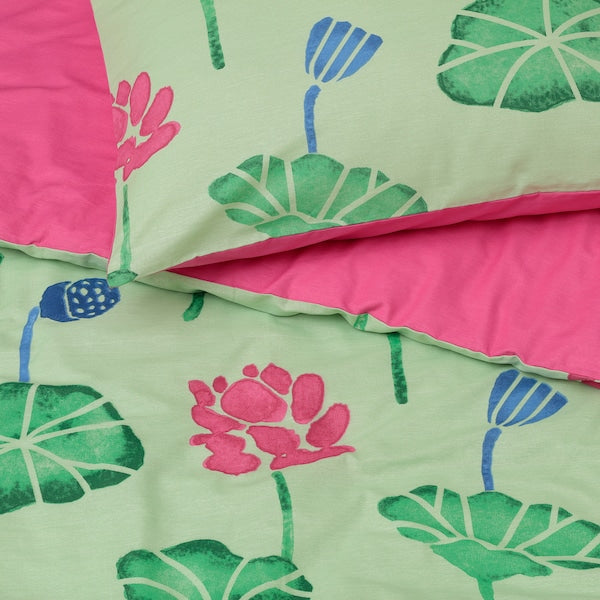 AROMATISK - Duvet cover and 2 pillowcases, green/pink, 240x220/50x80 cm