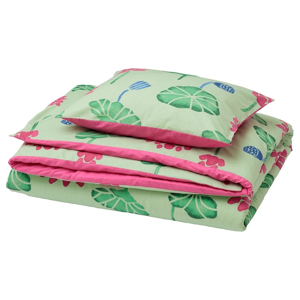 AROMATISK - Duvet cover and 2 pillowcases, green/pink, 240x220/50x80 cm