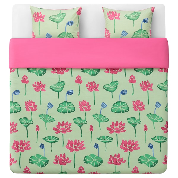 AROMATISK - Duvet cover and 2 pillowcases, green/pink, 240x220/50x80 cm