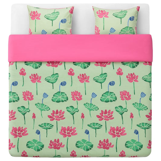 AROMATISK - Duvet cover and 2 pillowcases, green/pink, 240x220/50x80 cm