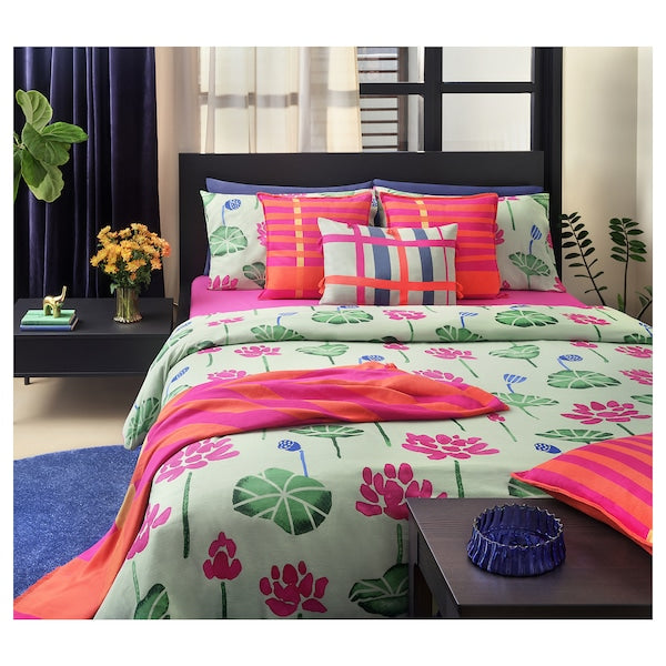 AROMATISK - Duvet cover and 2 pillowcases, green/pink, 240x220/50x80 cm