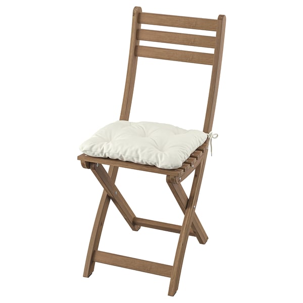 ASKHOLMEN chair, outdoor, foldable dark brown/Kuddarna light grey-beige, 36x87x49 cm