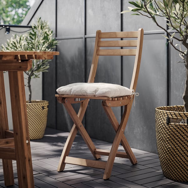 ASKHOLMEN chair, outdoor, foldable dark brown/Kuddarna light grey-beige, 36x87x49 cm
