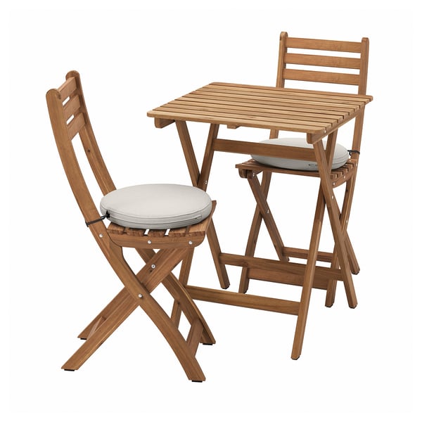 ASKHOLMEN table+2 folding chairs, outdoor, dark brown/Frösön/Duvholmen beige, 60x62 cm