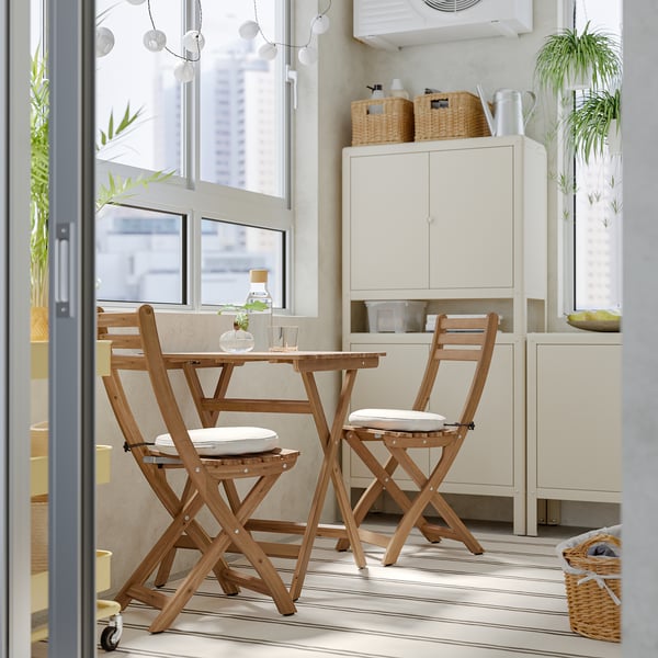 ASKHOLMEN table+2 folding chairs, outdoor, dark brown/Frösön/Duvholmen beige, 60x62 cm