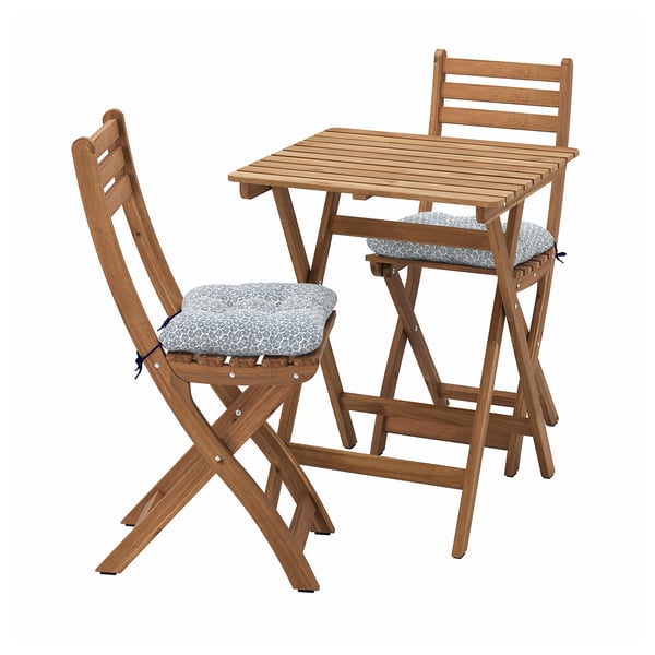 ASKHOLMEN table+2 folding chairs, outdoor, dark brown/Klösan blue, 60x62 cm