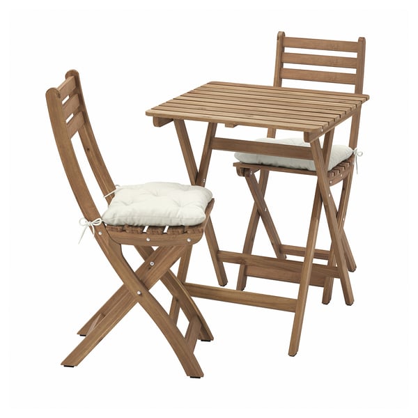 ASKHOLMEN table+2 folding chairs, outdoor, dark brown/Kuddarna light grey-beige, 60x62 cm