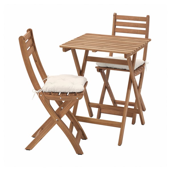 ASKHOLMEN - Table+2 folding chairs garden, dark brown/Kuddarna light gray-beige,60x62 cm