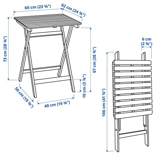 Ikea ASKHOLMEN - Table and 2 folding chairs, outdoor, dark brown, 60x62 cm