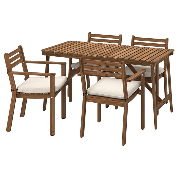 ASKHOLMEN table+4 chairs w armrests, outdoor, dark brown/Frösön/Duvholmen beige, 143x75 cm