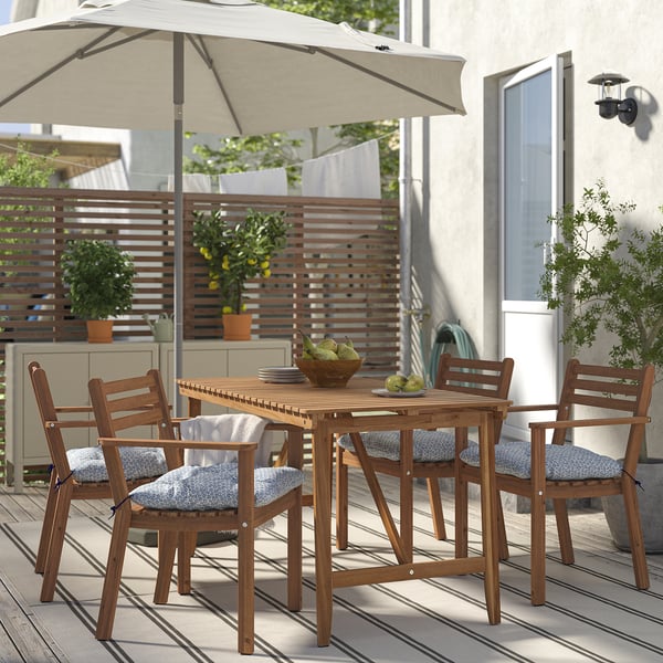 ASKHOLMEN - Table+4 chairs armrests, garden, dark brown/Klösan blue,143x75 cm