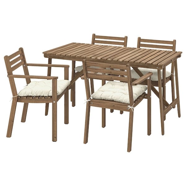 Ikea ASKHOLMEN - Table+4 chairs armrests, garden, dark brown/Kuddarna light gray-beige,143x75 cm