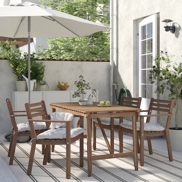 Ikea ASKHOLMEN - Table+4 chairs armrests, garden, dark brown/Kuddarna light gray-beige,143x75 cm