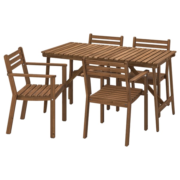 ASKHOLMEN table+4 chairs w armrests, outdoor, dark brown, 143x75 cm