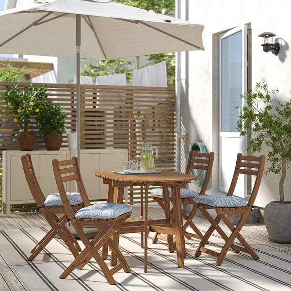 ASKHOLMEN gateleg table+4 chairs, outdoor, foldable dark brown/Klösan blue, 106x36 cm
