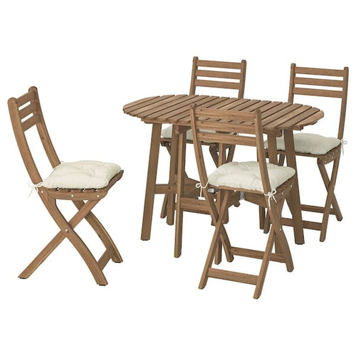 ASKHOLMEN - Outdoor folding table + 4 chairs, folding dark brown/Kuddarna light gray-beige