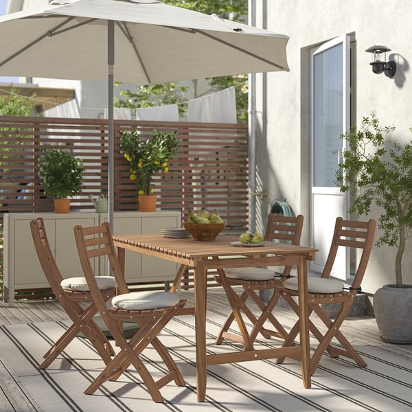 ASKHOLMEN table+4 folding chairs, outdoor, dark brown/Frösön/Duvholmen beige, 143x75 cm