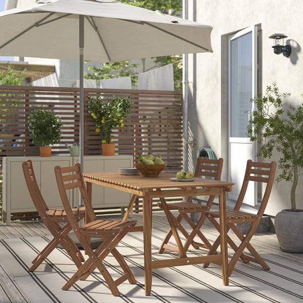 ASKHOLMEN table+4 folding chairs, outdoor, dark brown, 143x75 cm