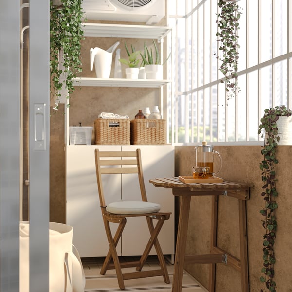 ASKHOLMEN table for wall+1 fold chr, outdoor, dark brown/Frösön/Duvholmen beige, 70x44 cm